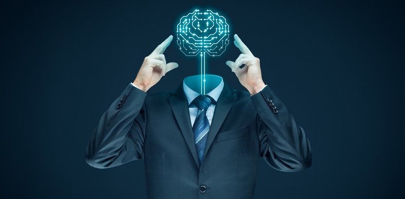 Man in a business suit with a digitally created brain for his head.