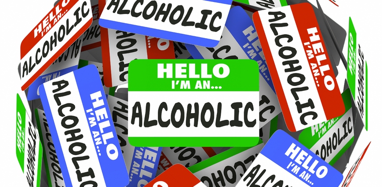 Many Hello my name is name tags with the words alcoholic written in.
