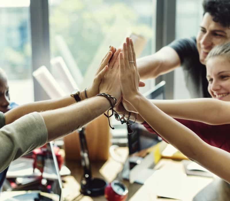 A group of employees giving one another high-fives