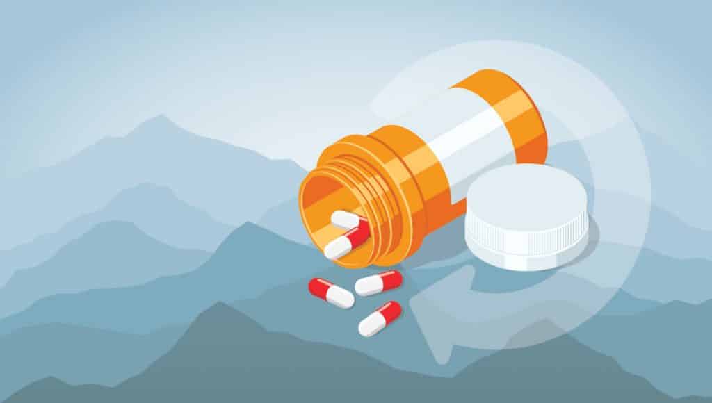 A repeat symbolize and pills spilling out of a prescription bottle to symbolize national take back day