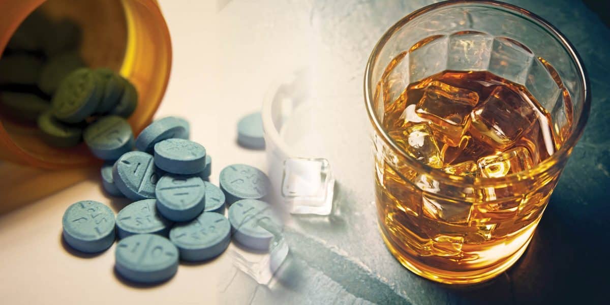 Adderall pills spilling out of a prescription bottle next to an image of a glass of alcohol