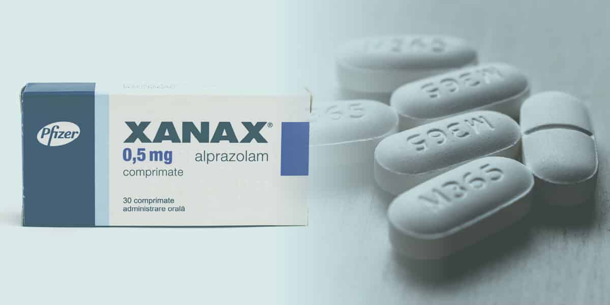 Xanax packaging next to an image of a pile of xanax pills
